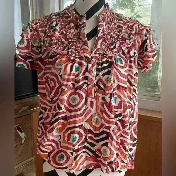 Maeve multicolor ruffle yoke blouse with flowy sleeves; size S - Picture 2 of 7